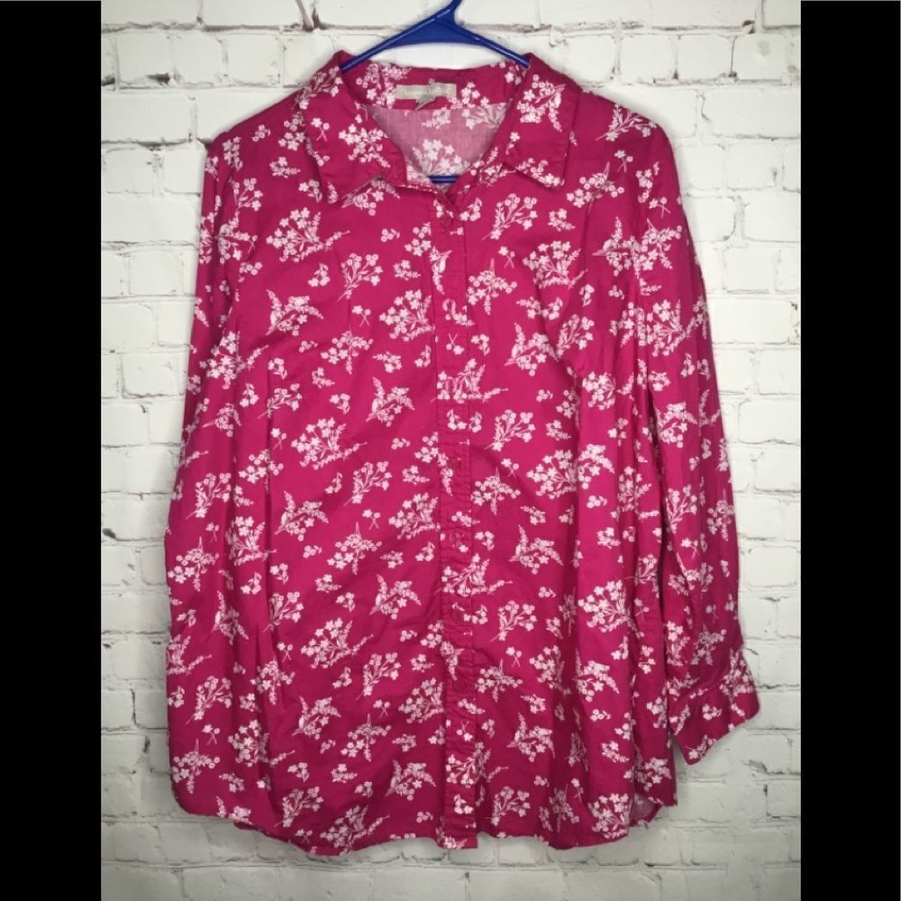 Woman Within Pink Floral Button Up Shirt Blouse